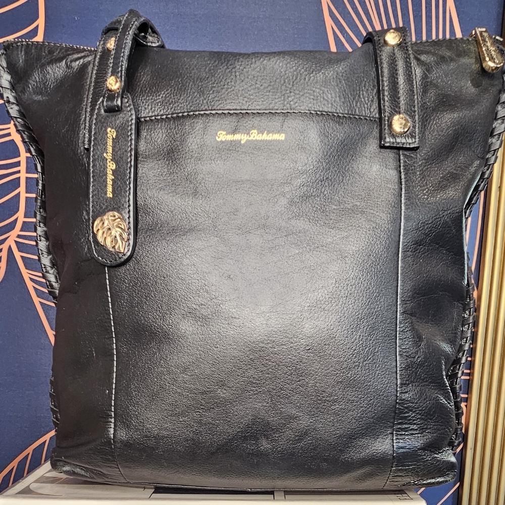 TOMMY BAHAMA BLACK LEATHER TOTE